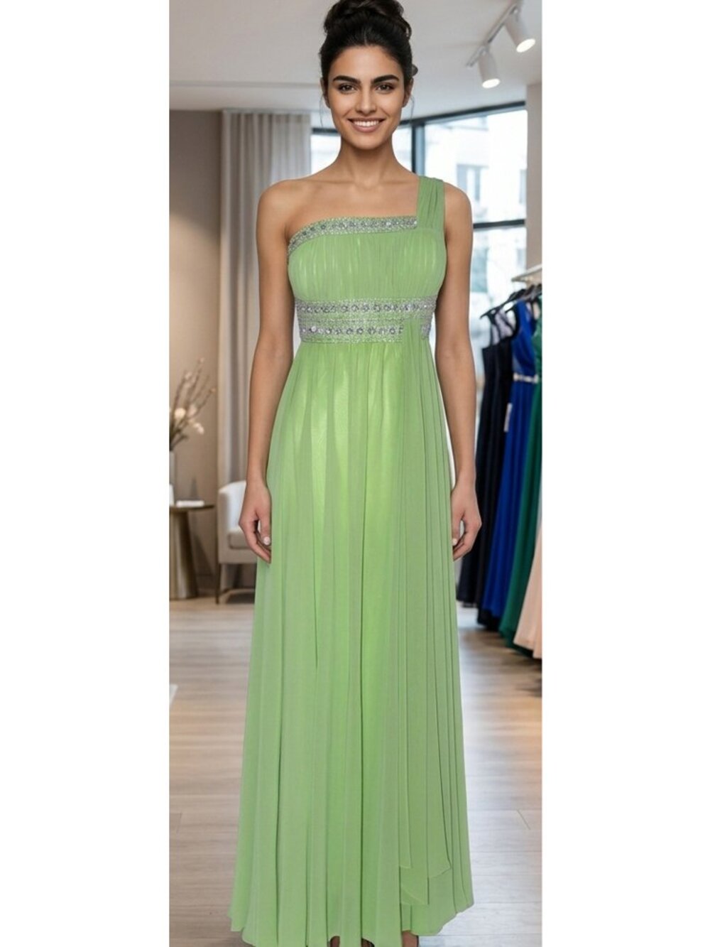 May Queen #748 Beaded Chiffon Prom Gown Uni-strap -Size 18-SPEARMINT GREEN-NEW